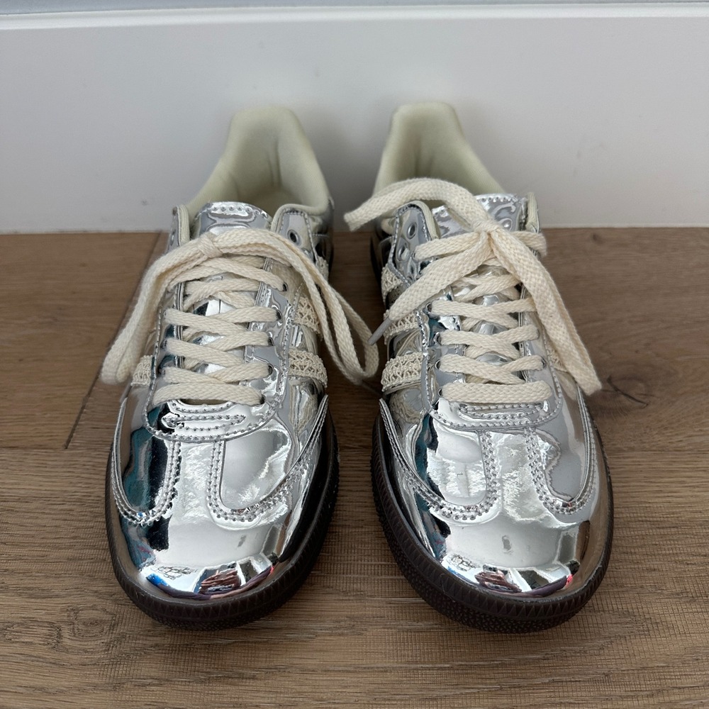 adidas Women’s Metallic Silver Sneakers with Cream Laces